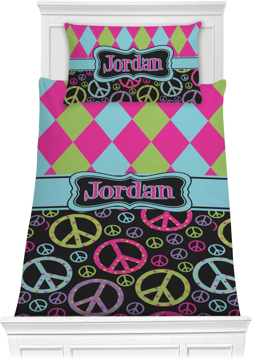 RNK Shops Personalized Harlequin & Peace Signs Comforter Set - Twin XL