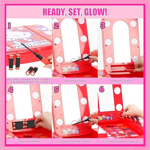 Miniatura 8 de Hello Kitty and Friends - Juego de tocador de belleza con espejo iluminado, incluye brillo de labios, sombra de ojos, rubor, cepillos, esmaltes de