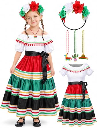 3PCS Traditional Mexican Dress for Girls, Folklorico Dance Fiesta Dress Outfit for Masquerade Halloween Party