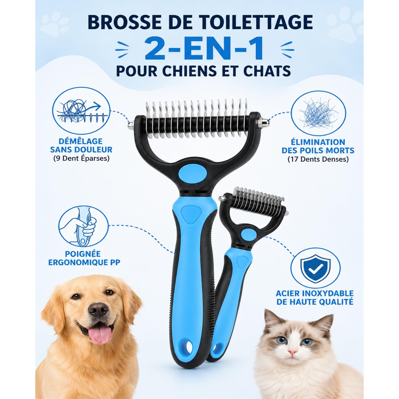 Outil de toilettage Pet Pro, brosse chien poil long, brosse de deshedding professionnelle et outil de dématage pour fourrure à poils longs et courts (Bleu)
