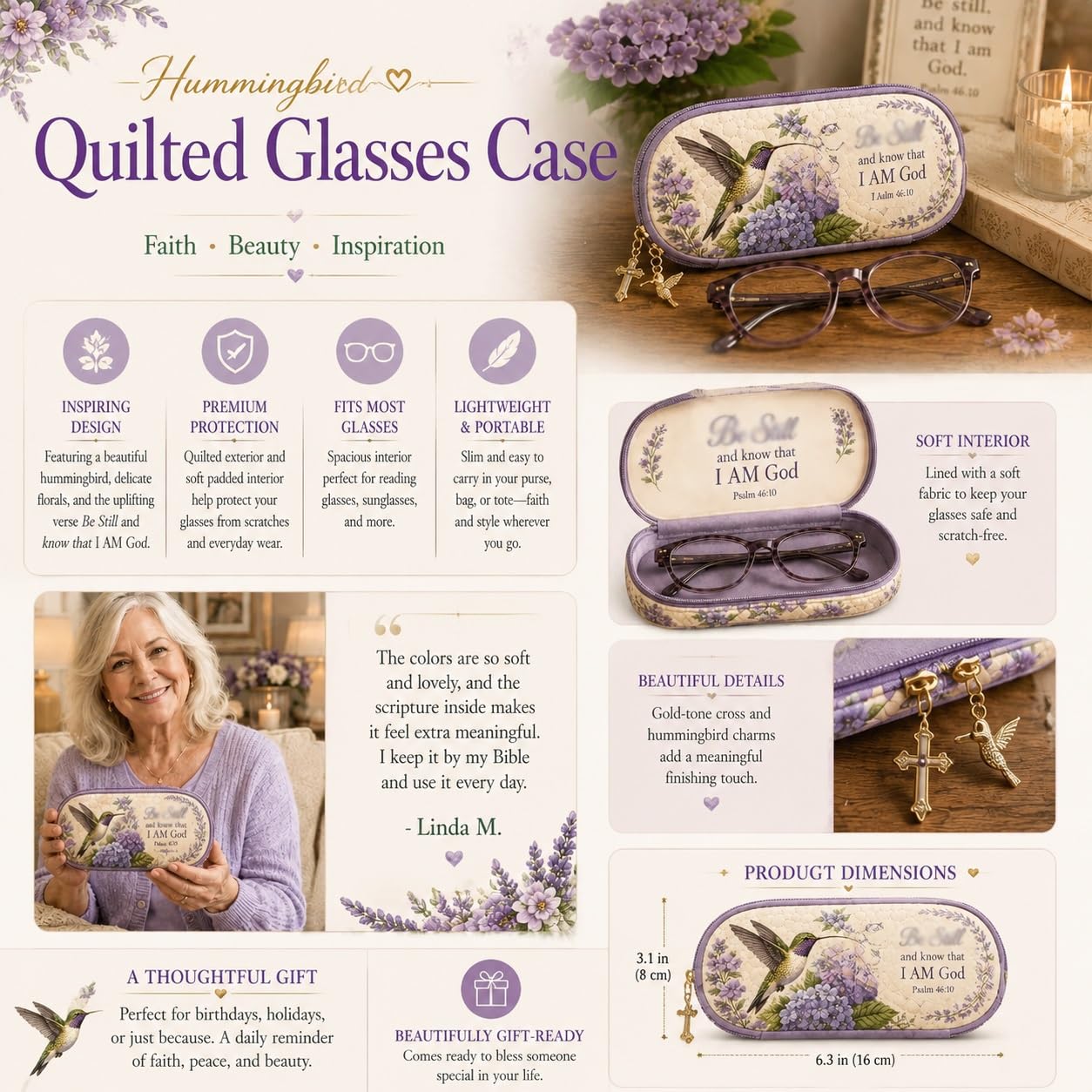Generisch Gestepptes Brillenetui Mit Kolibri-Motiv, Lila Hortensien-Blumenmuster, Mit Reißverschluss Und Goldenen Anhängern, Leichter Brillenetui-Organizer For Damen Und Herren