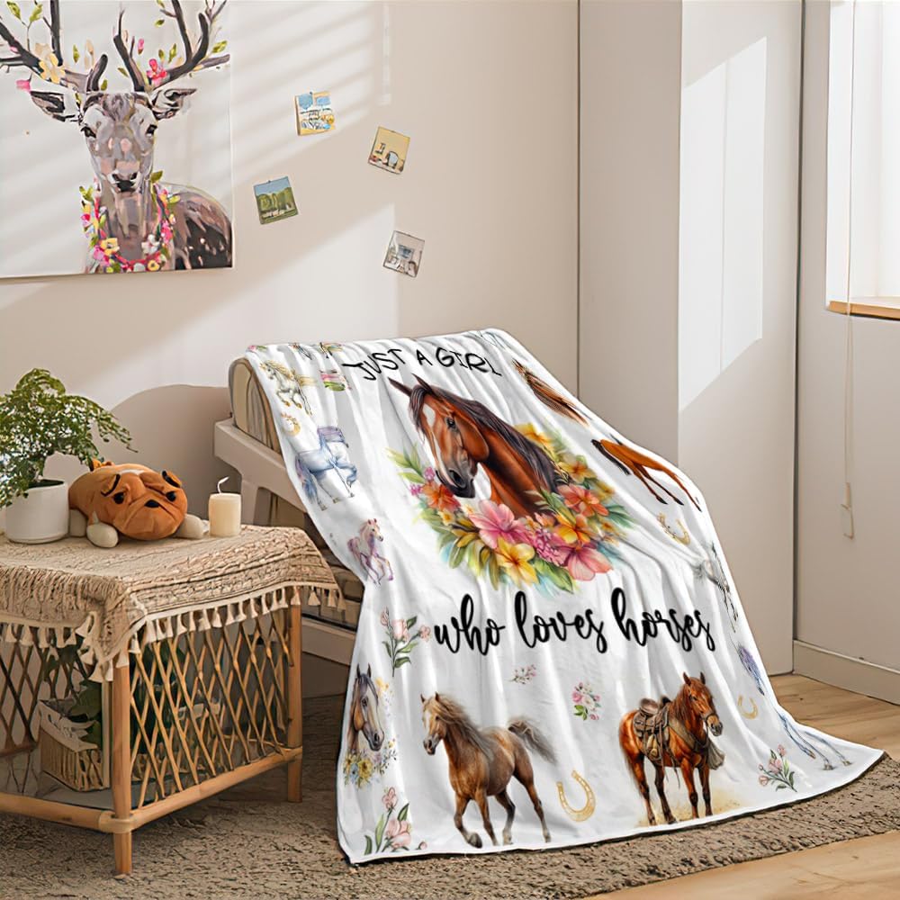 Horse Blanket for Kids Girls, Cute Animal Horses Throws Blankets for Horse Lovers, Just a Girl Who Loves Horses Soft Warm Flannel Blankets for Women Room, Couch, Sofa Bed Decor, 50X60IN - Image 3
