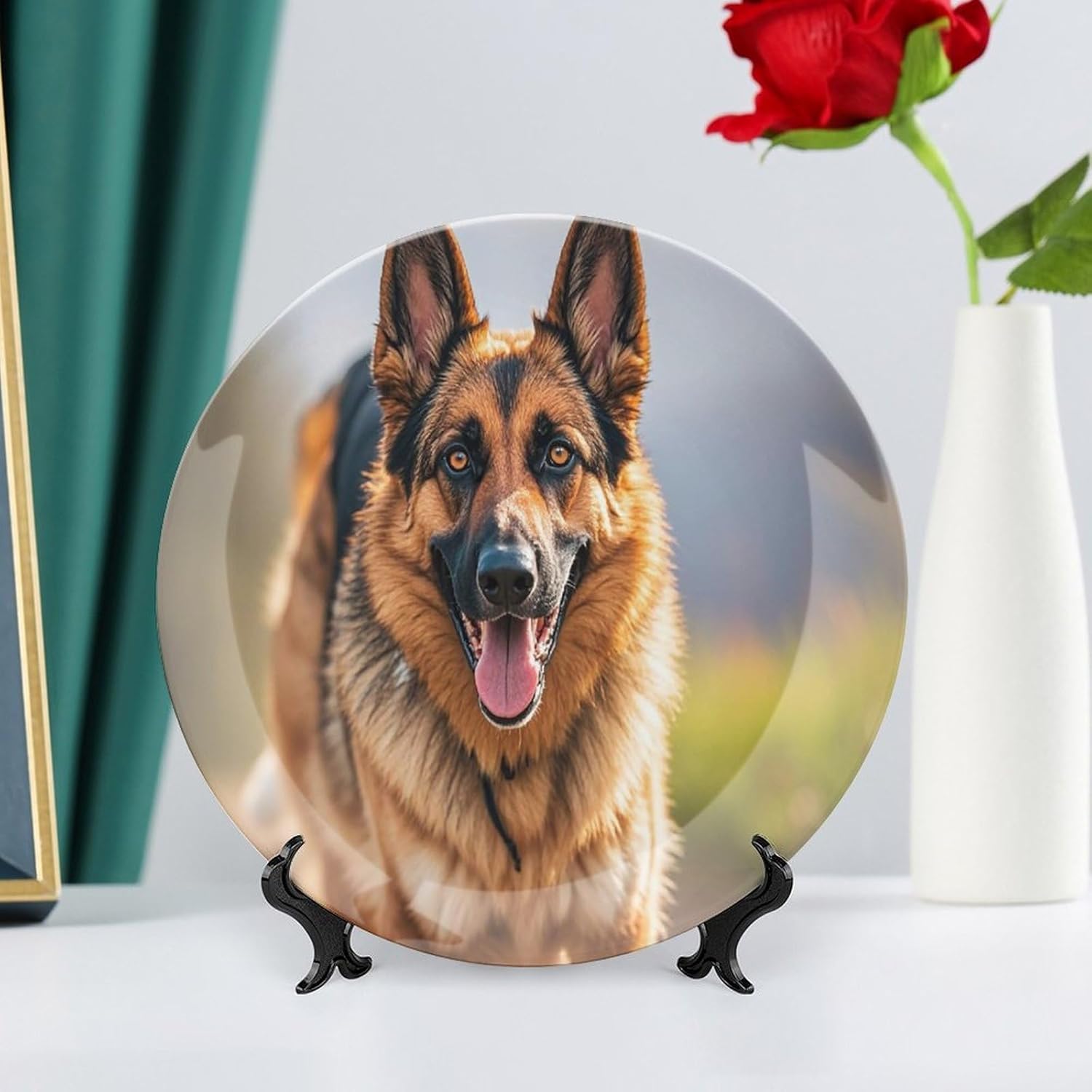 Running German Shepherd Dog Decorative Ceramic Plate Round Porcelain Plate Decor Personalized Bone China Decorative Plates Ceramic Ornaments Dessert Plates with Display Stand 10inch