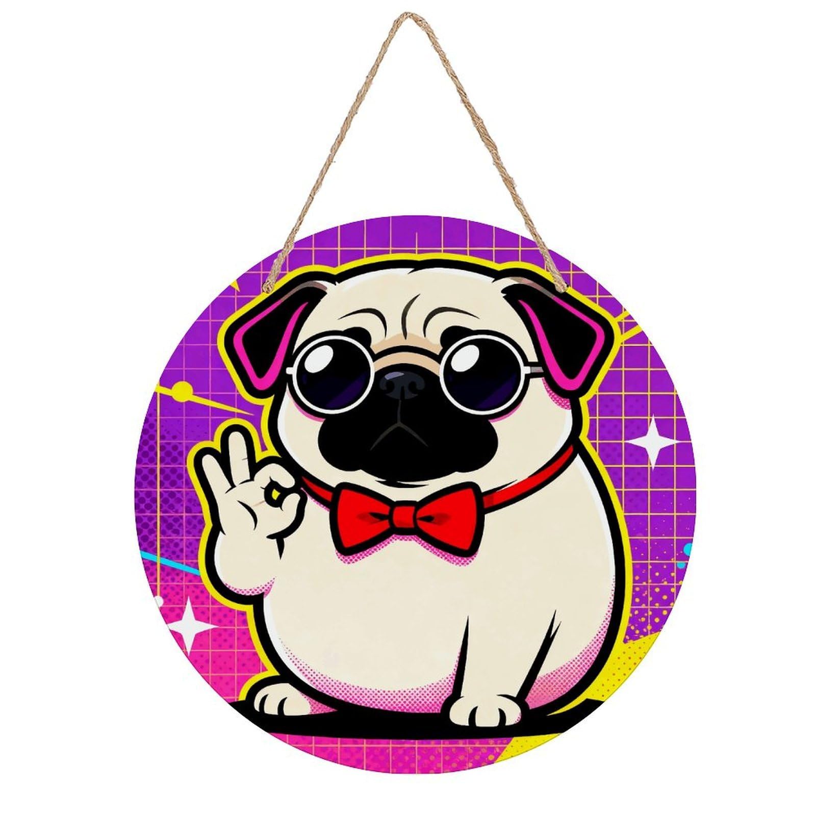 LZQPOEAS Cute Pug Dog Print Round Wood Wall Art Painting, 7.9 Inch Circular Wooden Door Hanger Decorative Paintings, Rope-Hanging Wooden Wall Plaque for Home Decor And Office Party