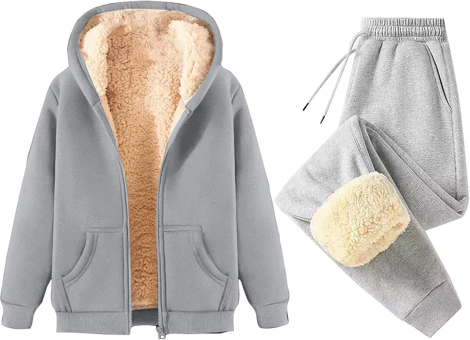 Womens Sherpa Sweatsuits Sets Fuzzy Fleece Lined Zip Up Hooded Jacket Jogging Pants Winter Outfit Sets