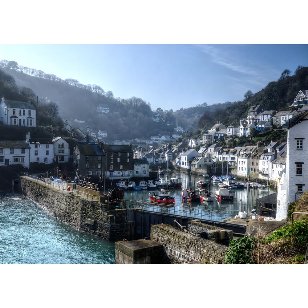 100（45.5x35.5cm）‑Piece Adult Jigsaw Puzzle, Polperro, Cornwall, UK, Berths, Rivers and Motor Speedboats, Family Challenge Game