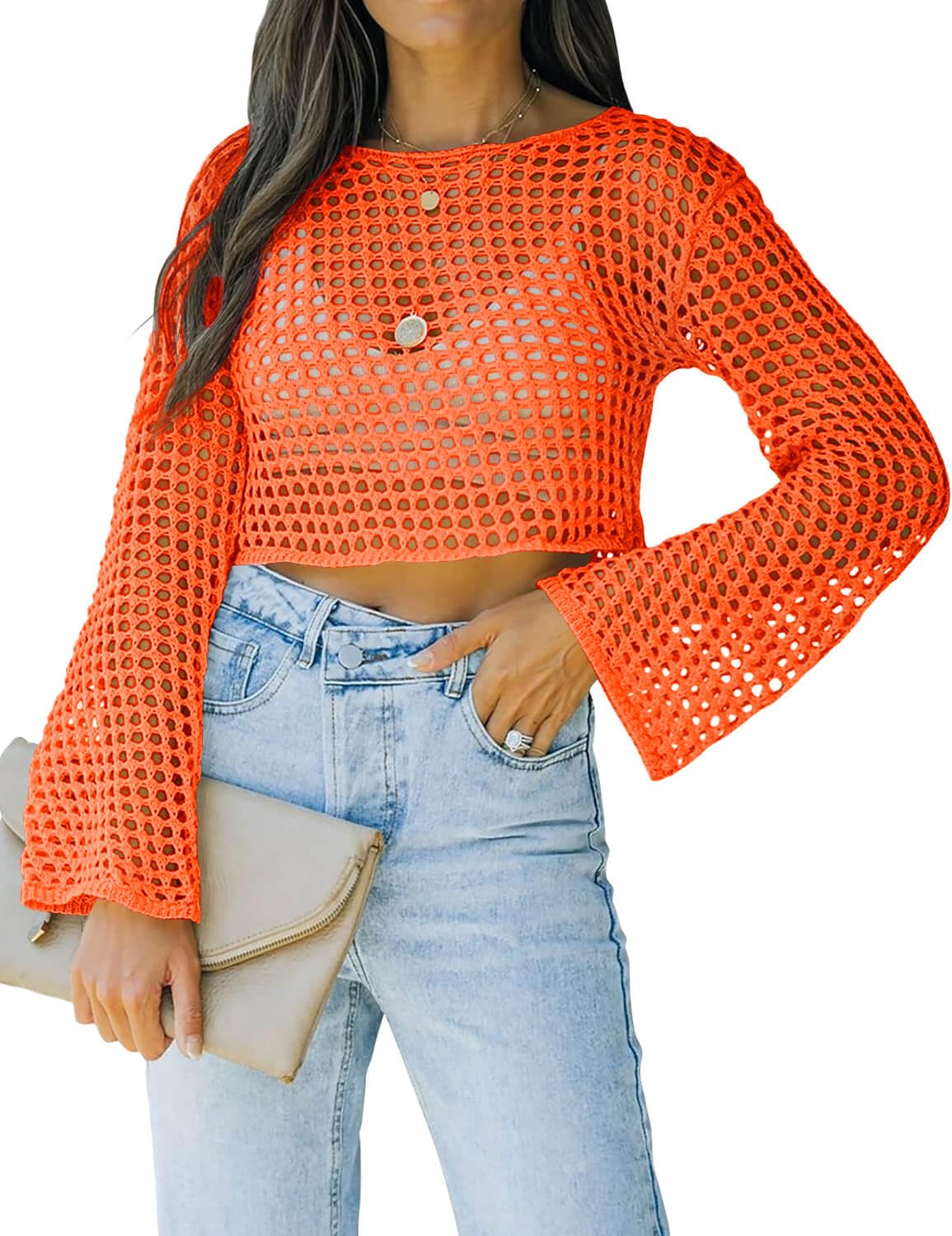 Womens Fishnet Crochet Crop Top Sexy Long Sleeve See Through Hollow Out Mesh Bikini Cover Ups
