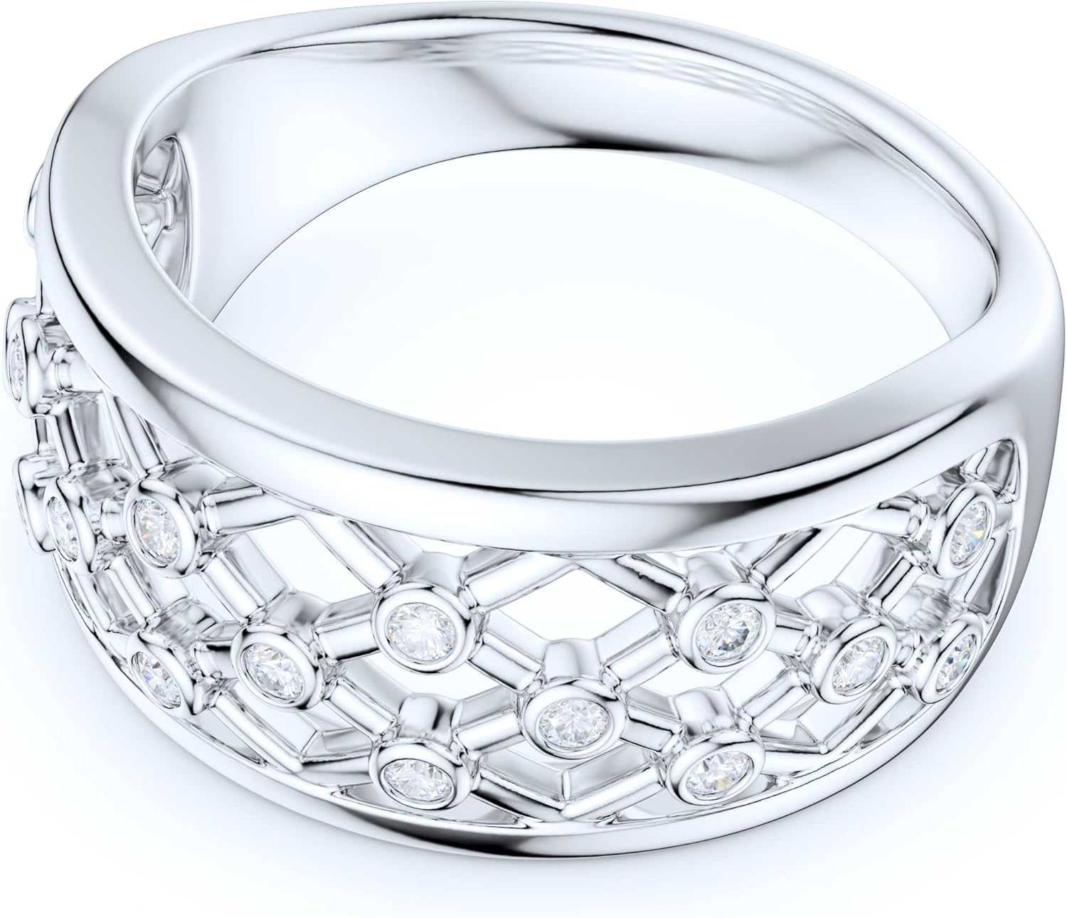 Sterling Silver 9mm Wide Grid Small Simulated Round Brilliant Cut Diamond or Genuine Moissanites Wedding Band Cocktail Ring - Image 3