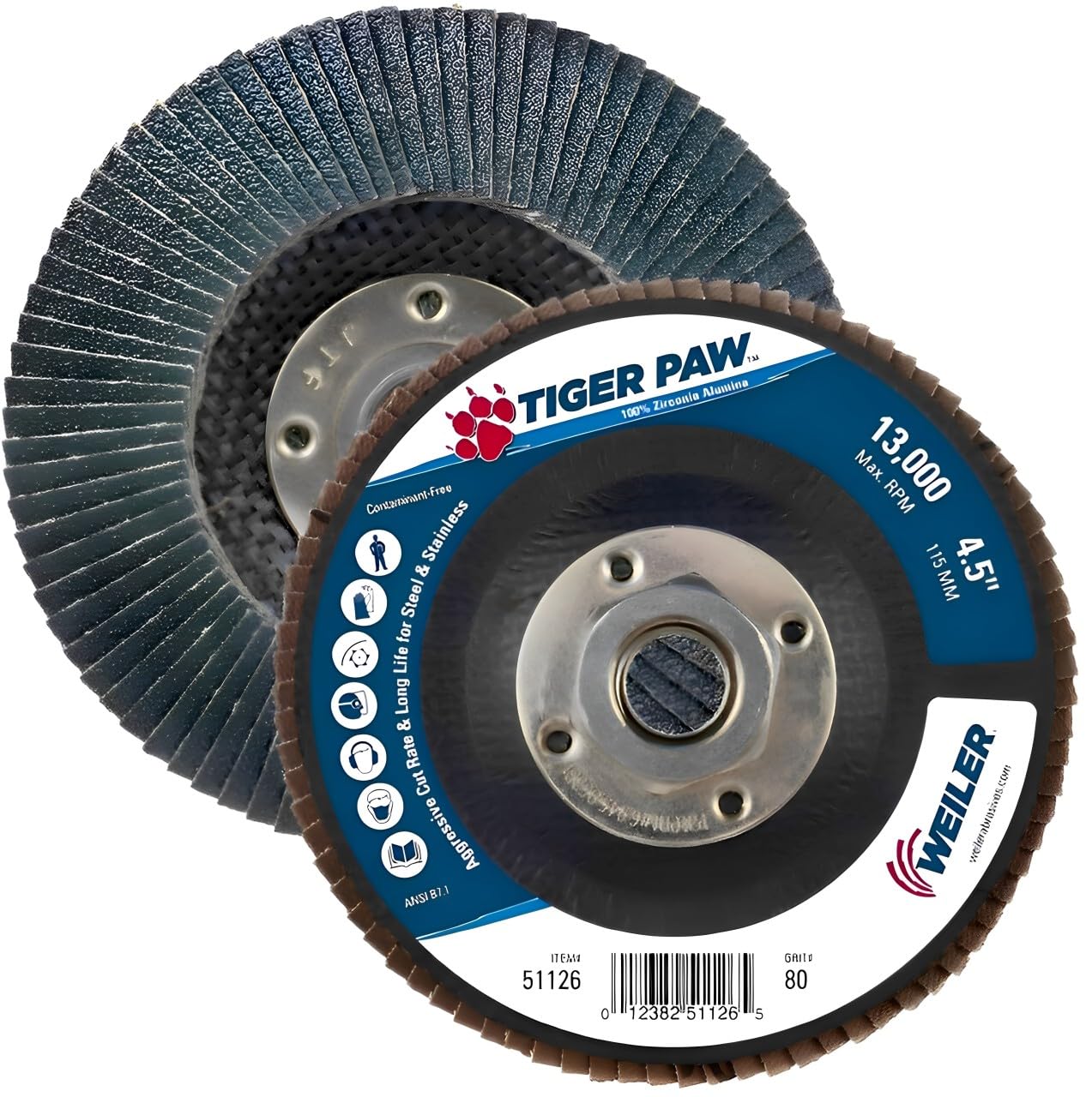 Weiler 51126 Tiger Paw alto rendimiento solapa abrasivos discos, tipo 29 en ángulo estilo fenólico, respaldo, Zirconia alúmina, 4 – 1/2 "de diámetro, 5/8" -11 Arbor, 80 Grit, 13000 rpm (Pack de 10)