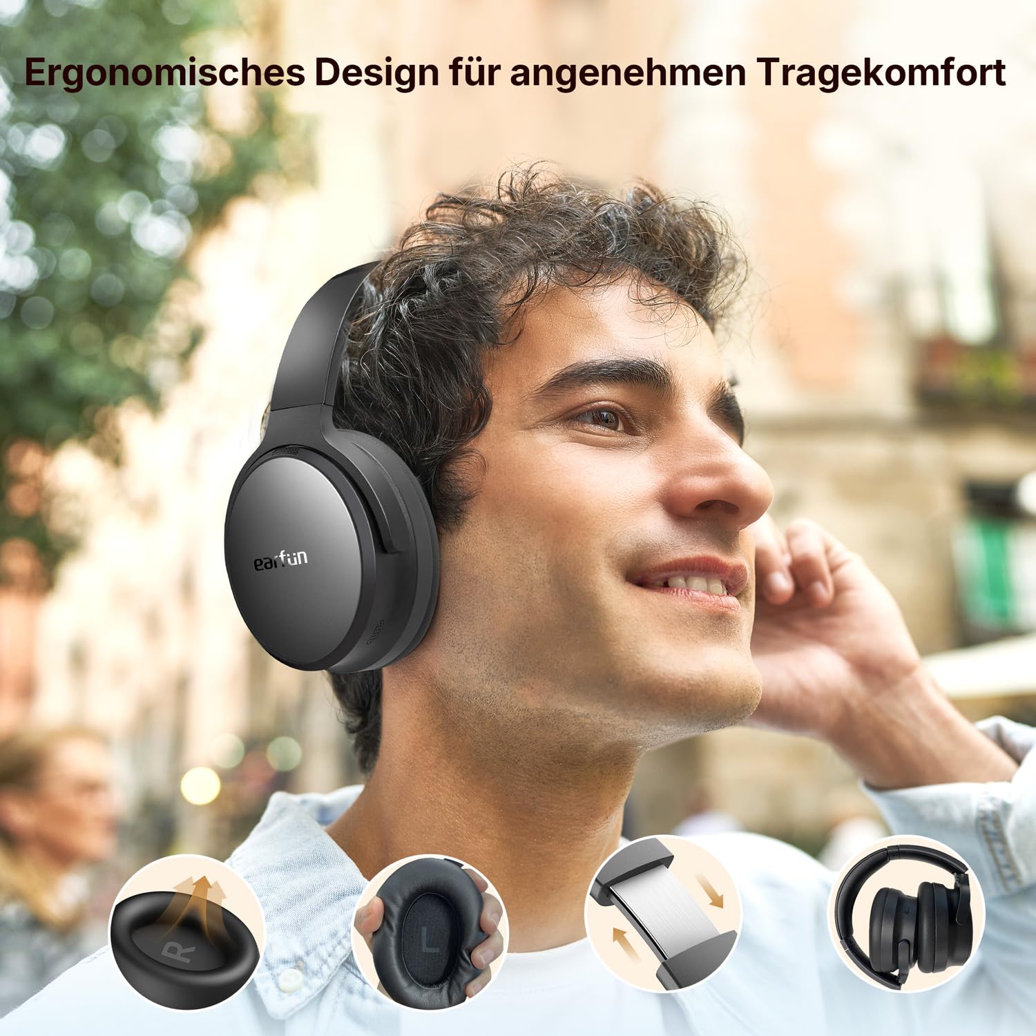 EarFun Tune Pro Over-Ear Kopfhörer Kabellos, Aktiver Geräuschisolierung, Dual-Dynamic-Treibern, Hi-Res Audio, 120 Std. Akku, Bluetooth 5.4 Kopfhörer mit 5 KI-Mikrofone, Multipoint, APP, Theatermodus