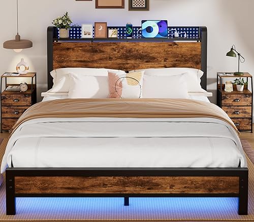 Miniatura 2 de Furnulem Base de cama tamaño Queen con luz, cabecera de almacenamiento industrial con toma de corriente y puerto USB, plataforma de madera Queen con