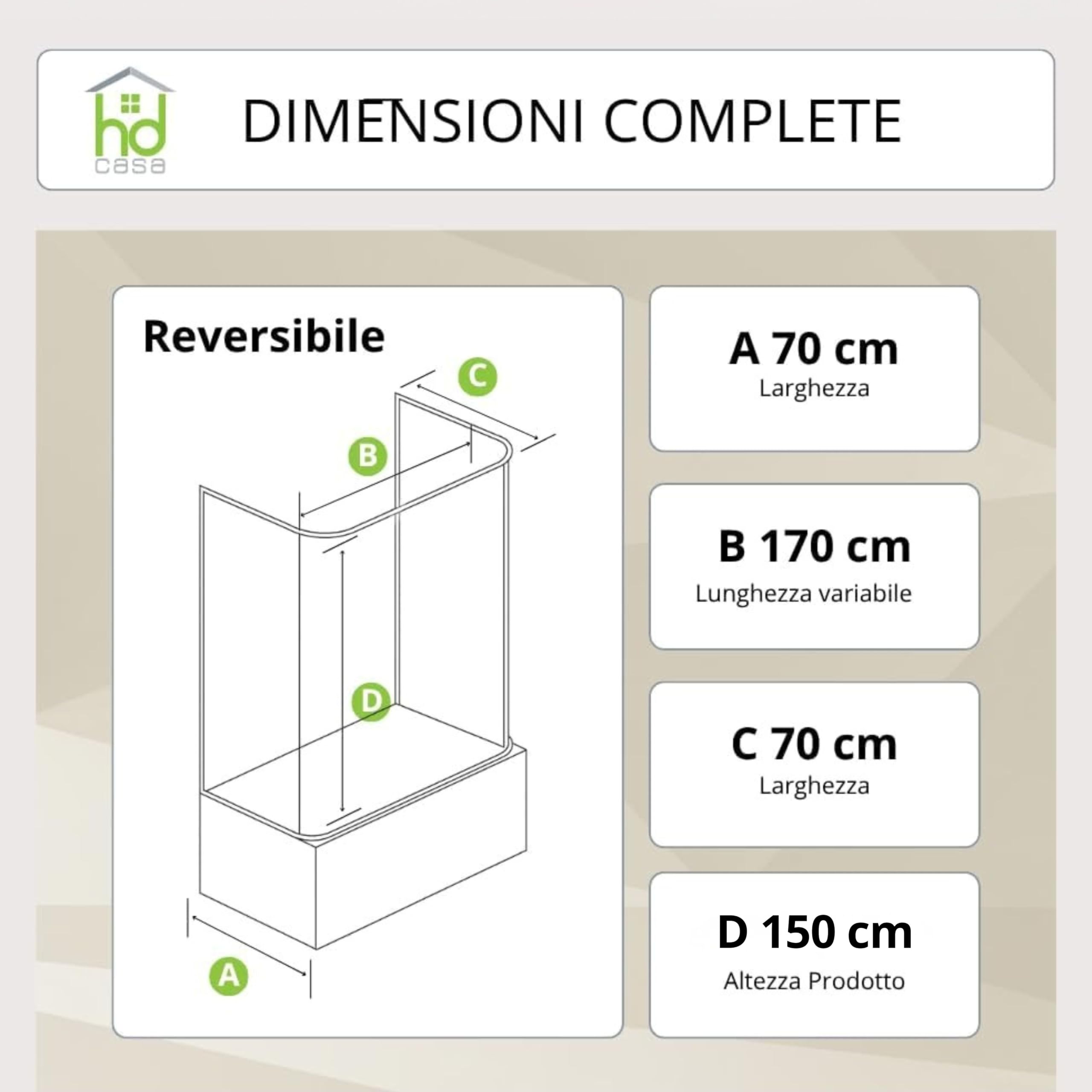 HD CASA Box Sopravasca a Soffietto Modello Julia, 3 Ante con Pannelli Semitrasparenti, Profili Bianchi, Cabina Doccia Salvaspazio in PVC Made in Italy arredo bagno, 70x170x70 cm