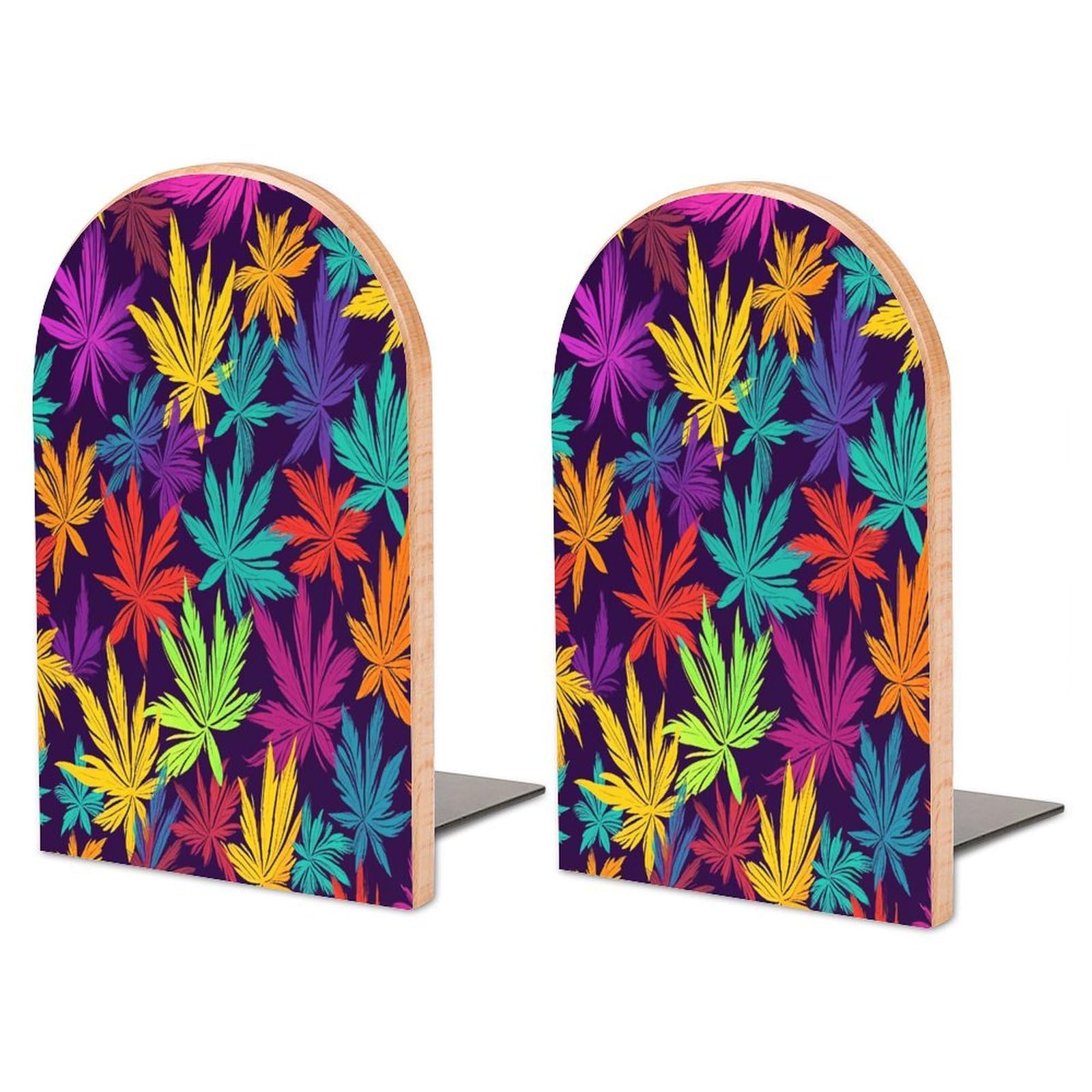 Bright Colorful Weed Pattern Wood Bookend for Shelves 1 Pair