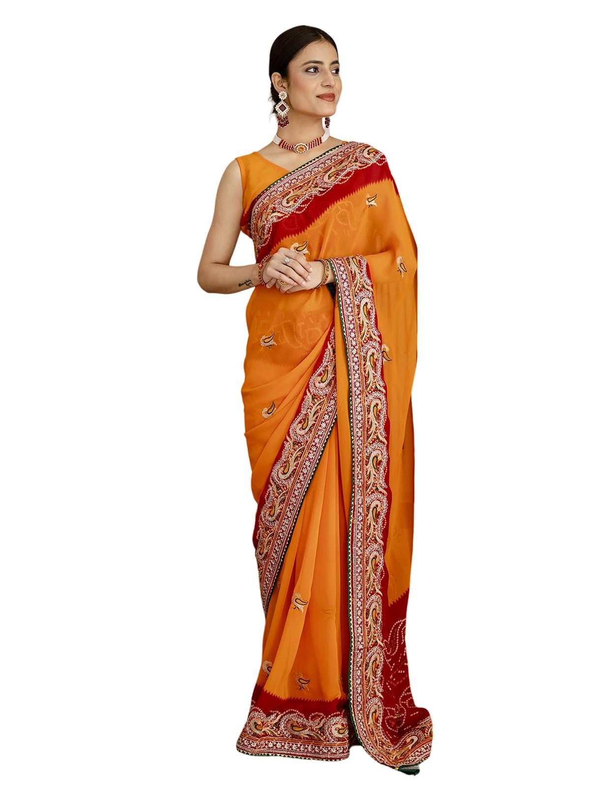 satrani Women's Georgette Sequins Embroidery & Bandhani Printed & Gota Lace Saree with Unstitched Blouse Piece-picture-16