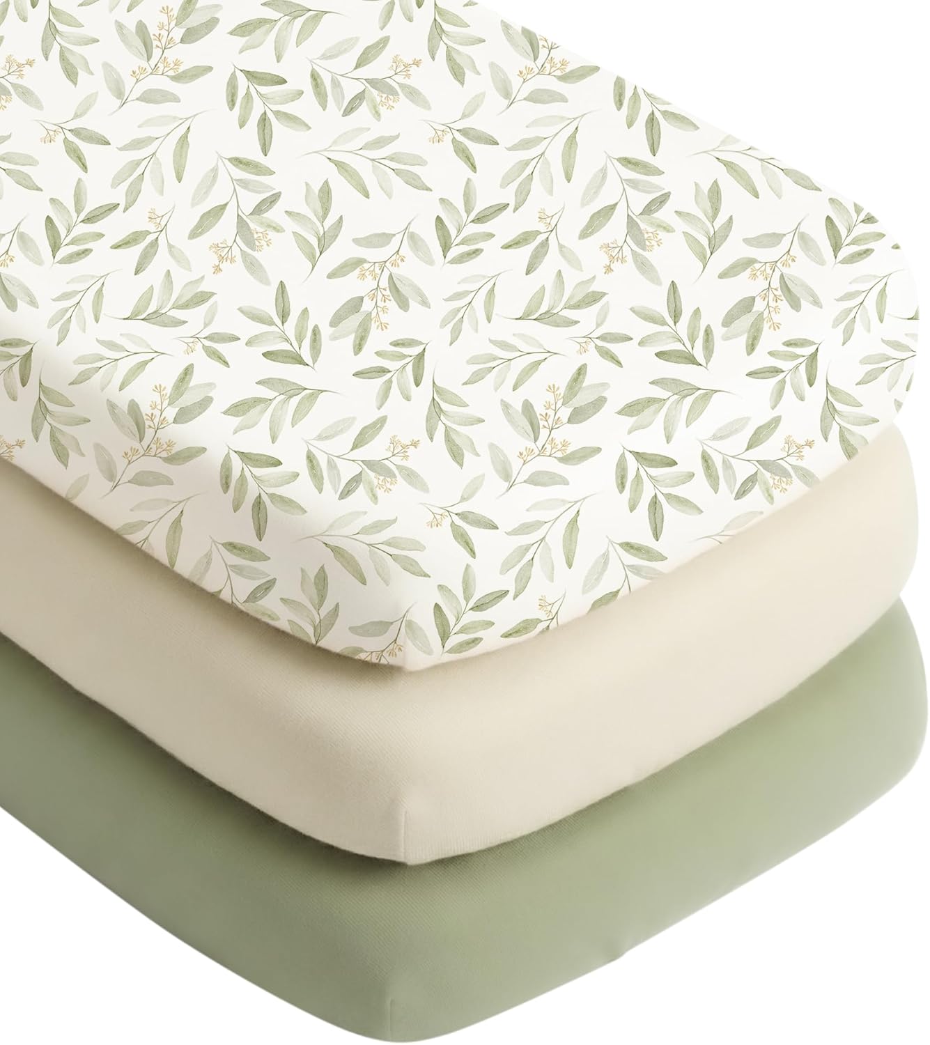 Konssy Silky Soft Bassinet Sheets 3 Pack, Ultra-Stretchy Bassinet Mattress Sheets 33"x 21" for Baby Girl Boy, Compatible with Baby Delight, Dream On Me, AMKE and Other Rectangle Mattress (Green Leaf)