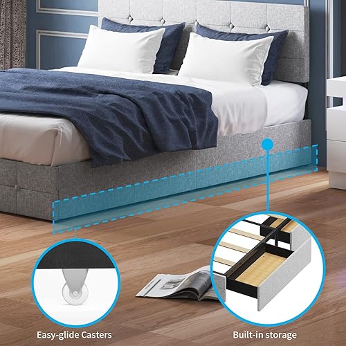 Miniatura 2 de Mjkone Base de cama de plataforma con 4 cajones de almacenamiento, base de cama tapizada tamaño California King con cabecera ajustable con botón