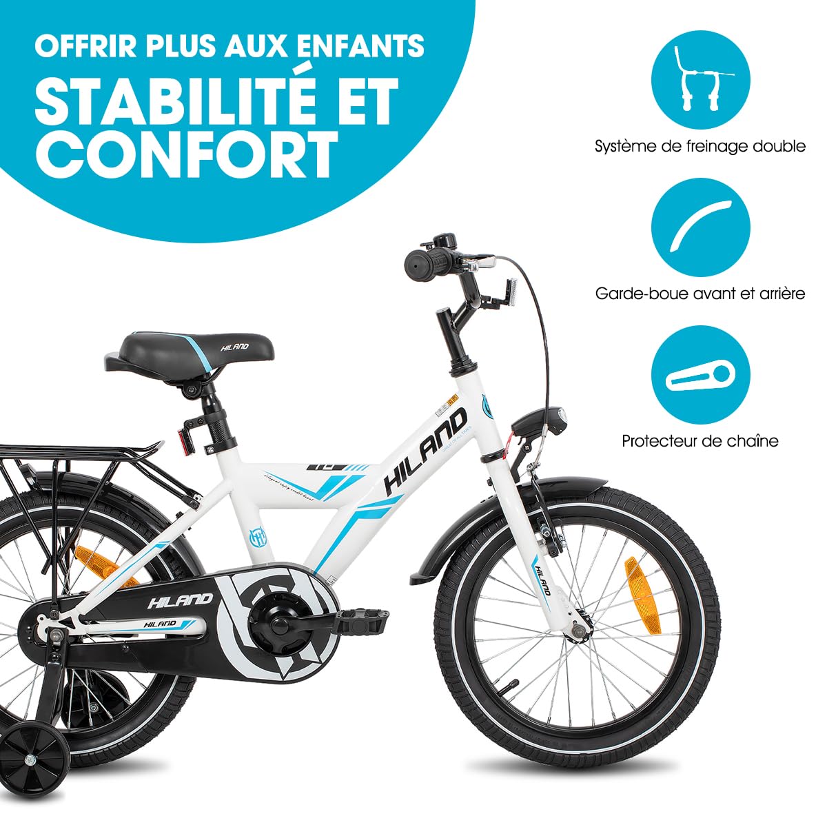 HILAND Sentry Vélo Enfant 16/18 Pouces, 4–8 Ans, pour Fille et Garçon, avec Porte-Bagages, Frein à Main et Frein Rétropédalage, Noir/Blanc