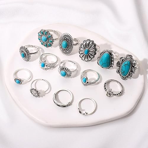 Vista 4 de 36-40 anillos de nudillos de plata vintage para mujer, anillos de turquesa occidental, anillos bohemios de plata ovalada, anillos para nudillos