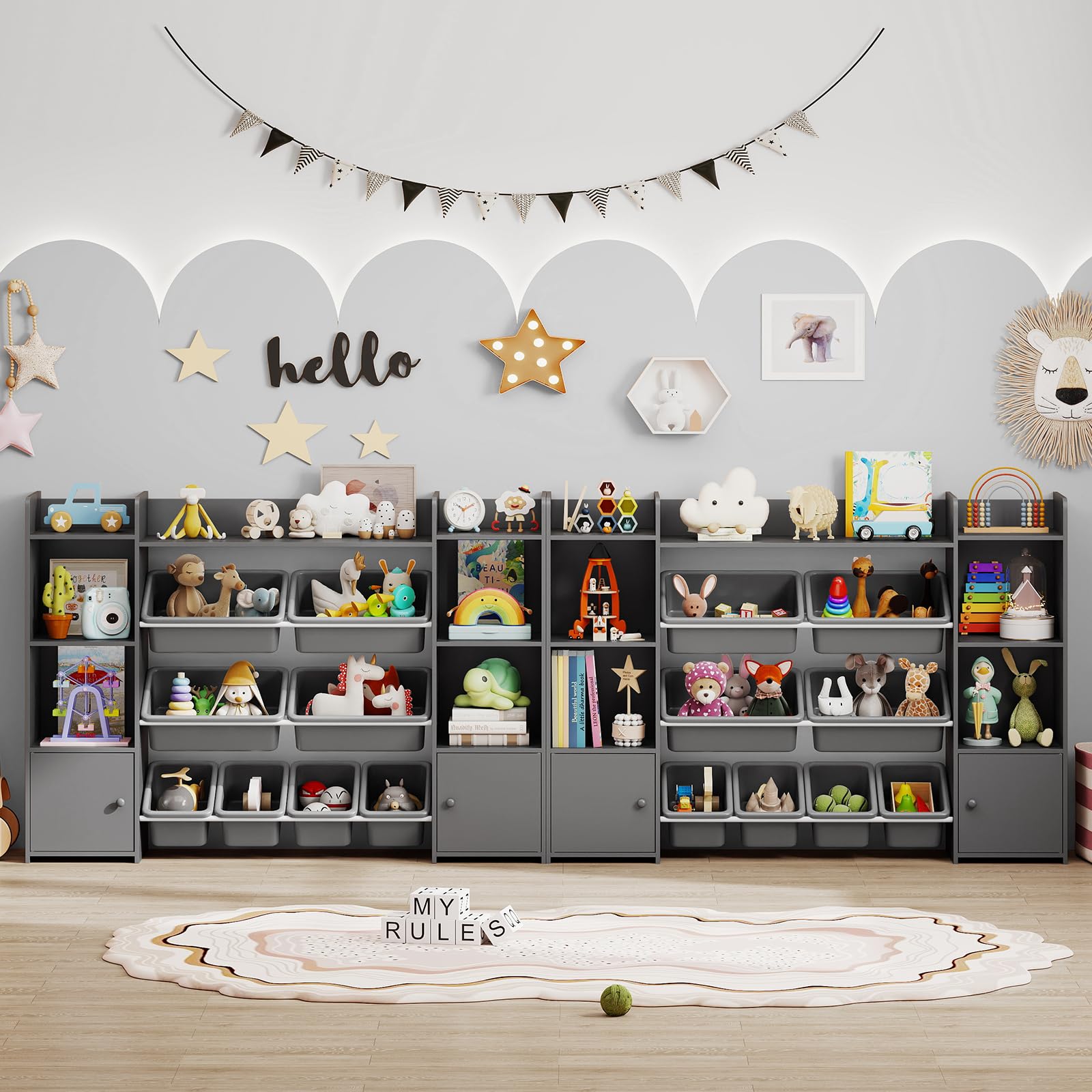 GOPLUS Meuble Rangement Jouets Enfant, Étagère à 4 Niveaux avec 6 Compartiments et 8 Bacs Amovibles, Bibliotheque Enfant pour Chambre Salon Salle de Jeu, 142x30x100cm (Gris)