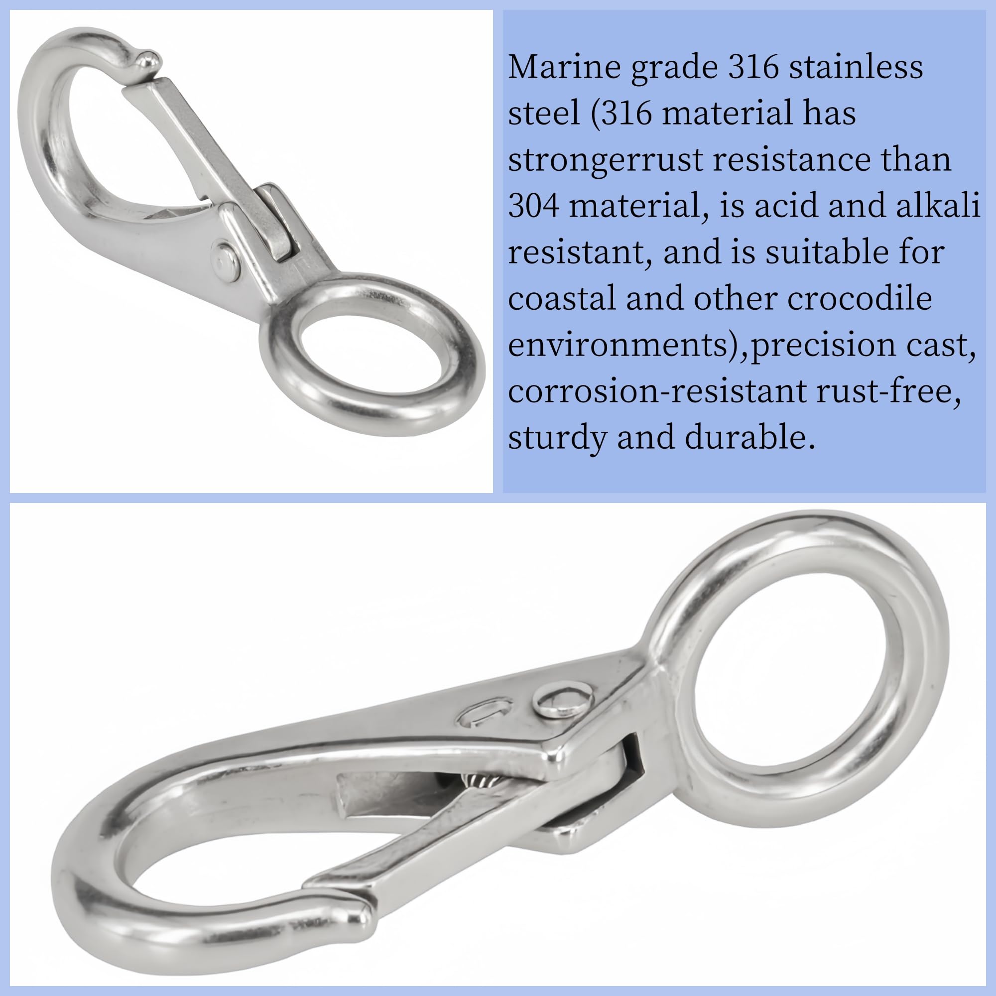 MAMDAFAON Fixed Spring Snap Hook,Quick Release Shackles with Fixed Round Ring Keychains Marine Boat Eye Clip Carabiner Yacht Sailing Hook Hardware(2PCS,54mm)