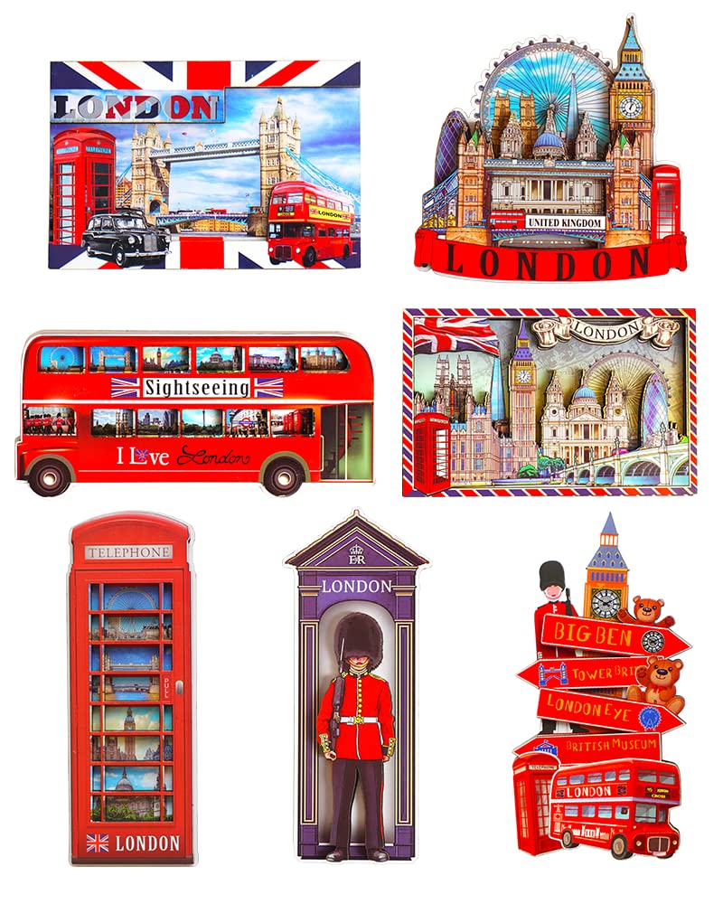 Multi Colour Set Of 7 Wooden Magnets For Refrigerator London England Famous Icons Pictures Wooden Fridge Magnets