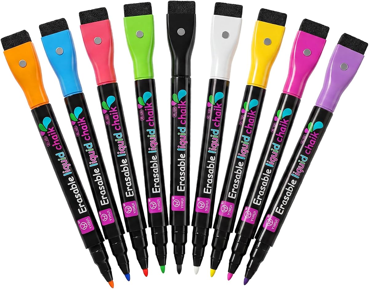 Erasable Markers for LED Acrylic Board, 9 Pack Magnetic Neon Chalk Markers 3mm Fine Tip Dry Wet Erase Pens with Built-in Cap Eraser, Bright Neon Colors for Glass Whiteboard Calendar Mirror Window