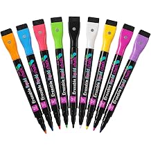 Erasable Markers for LED Acrylic Board, 9 Pack Magnetic Neon Chalk Markers 3mm Fine Tip Dry Wet Erase Pens with Built-in Cap Eraser, Bright Neon Colors for Glass Whiteboard Calendar Mirror Window