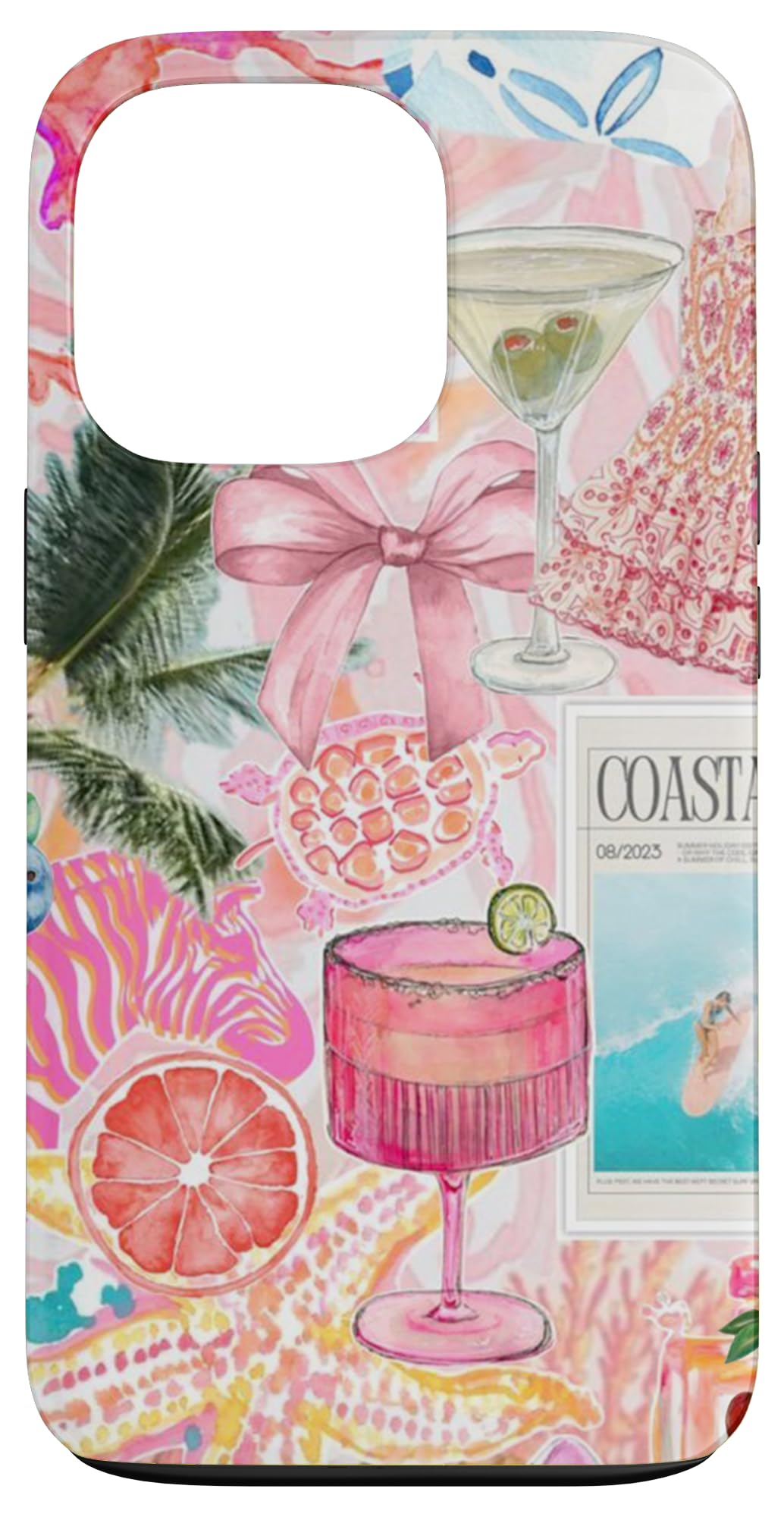 iPhone 13 Pro Summer Coastal Coquette Cocktail Palm Tree & Pink Bow Case