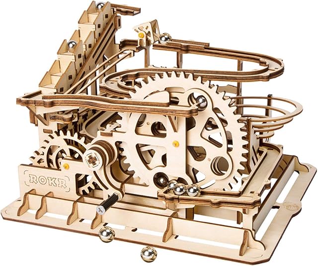 ROKR Hand Cranked Marble Run Wooden Model Kits Assembly 3D Wooden Puzzle Mechanical Model Kits With Balls for Teens and Adults(Waterwheel coaster)