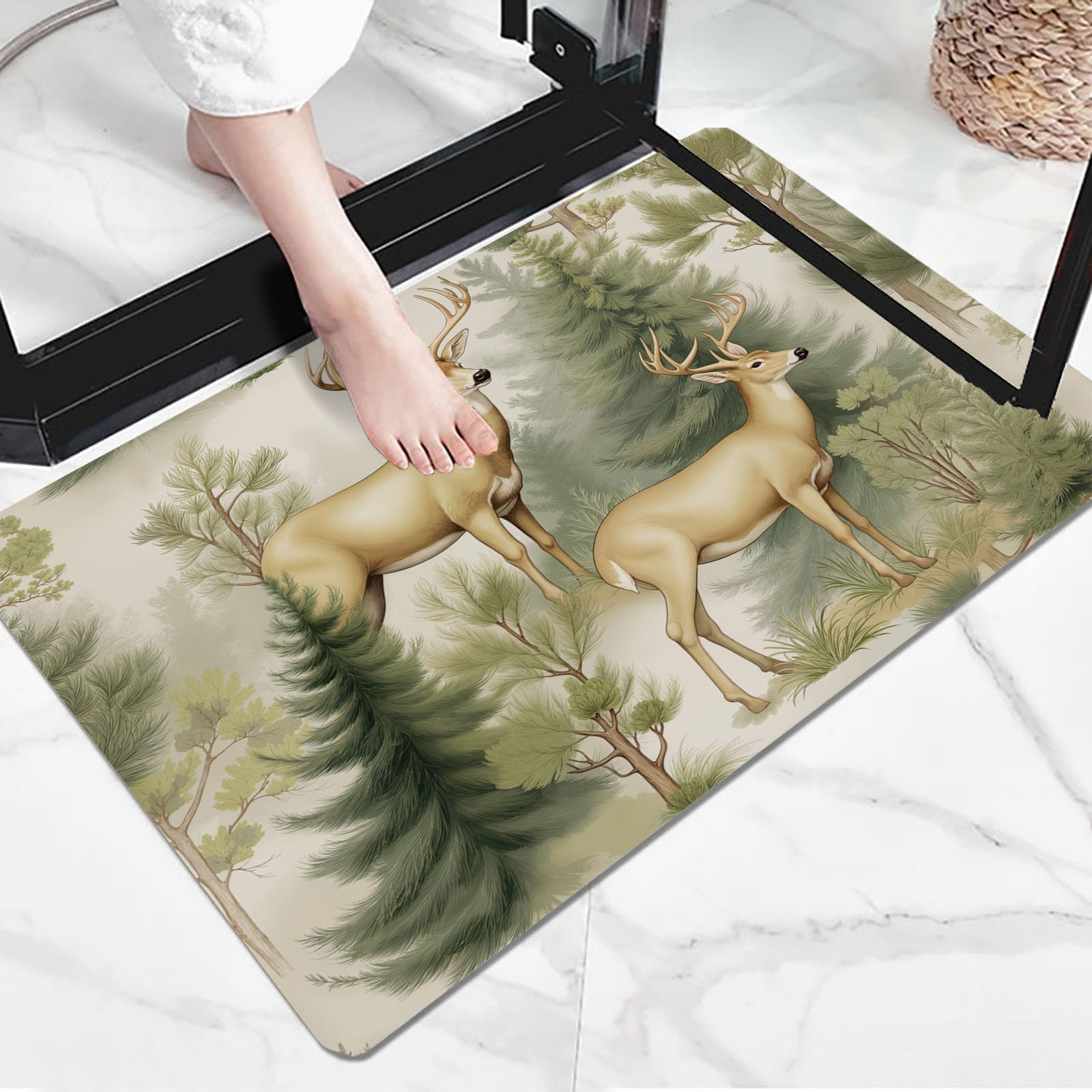 Fußmatte Schmutzfangmatte Innen mit Waldhirsch, rutschfeste waschbare Fußmatte, Retro-Pflanzen Handbemalt Eingangstürmatte mit wasserabsorbierenden Eigenschaften - 80x120cm