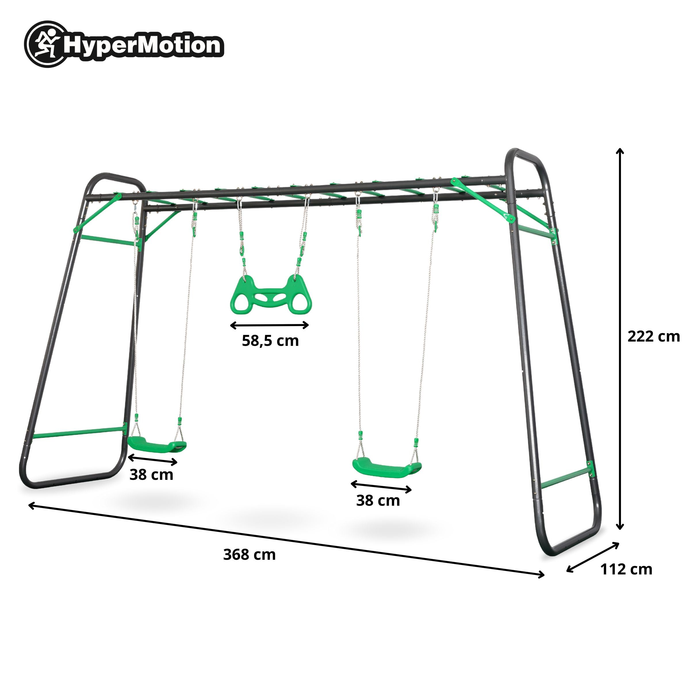 HyperMotion Gartenschaukel-Set XXL: 2 Schaukelsitze, Kletterleiter und Turntrapez - Stabiler Stahlrahmen belastbar bis 150 kg - Outdoor-Spielgerät für den Garten