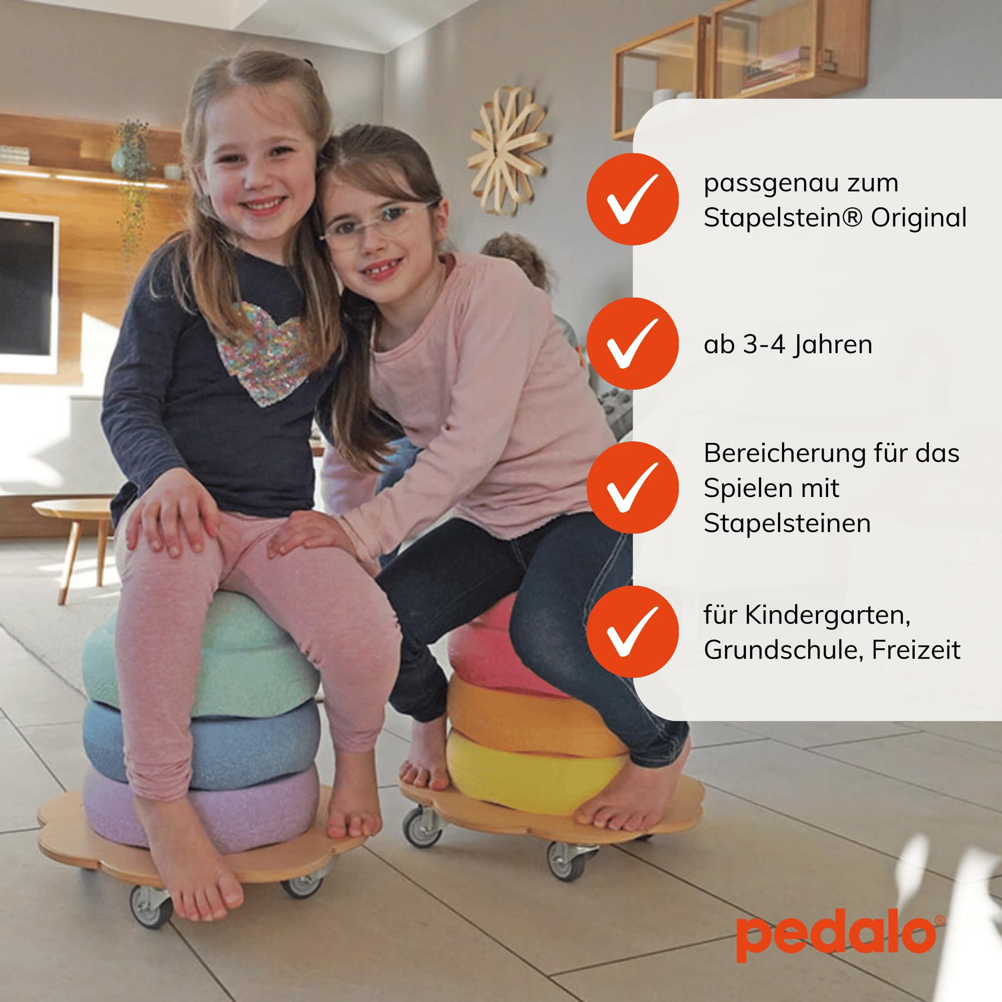 pedalo® Stapelbaustein Rollflitzer/passgenaues Rollbrett für Stapelstein/Mehrwert durch Fahren und Rollen/Kinder ab 2 Jahre/Mehr Spaß und Spielmöglichkeiten