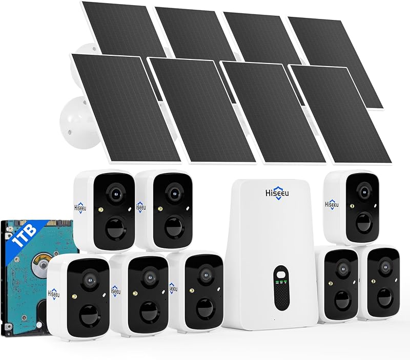 Hiseeu Solar Security Cameras Wireless Outdoor System, 8 Cam-Kit, Expandable to 10CH, No Monthly Fee, Solar-Powered, Home Security Cameras System with 4MP Color Night Vision, 2.4G & 5G WiFi, 1TB HDD