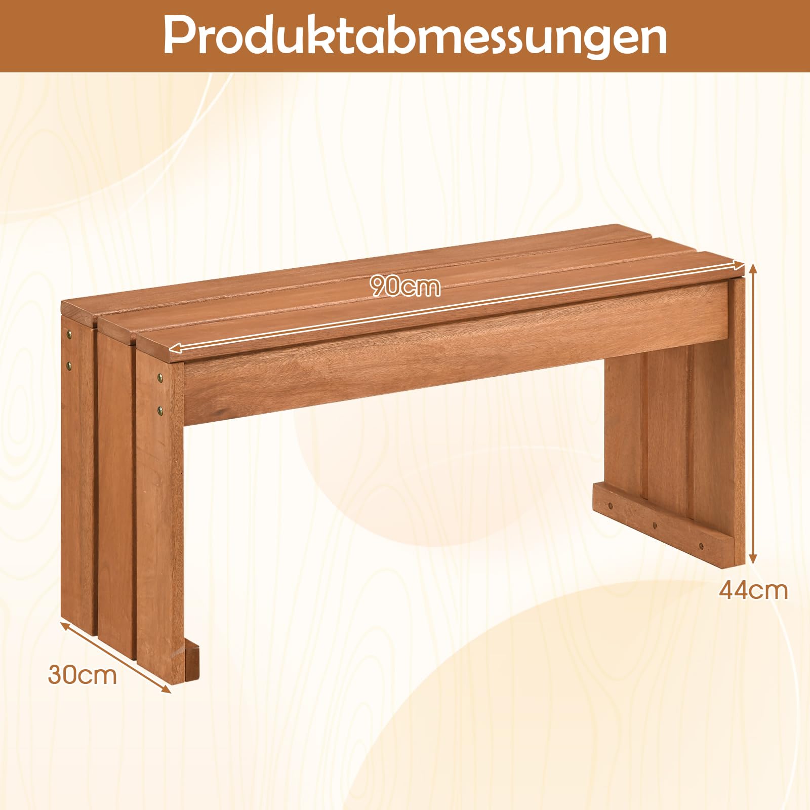 COSTWAY Gartenbank ohne Lehne, Sitzbank Holz Wetterfest, Holzbank, Balkonbank aus Hartholz, Blumenbnk für Garten, Balkon, Terrasse, 90 x 30 x 44 cm