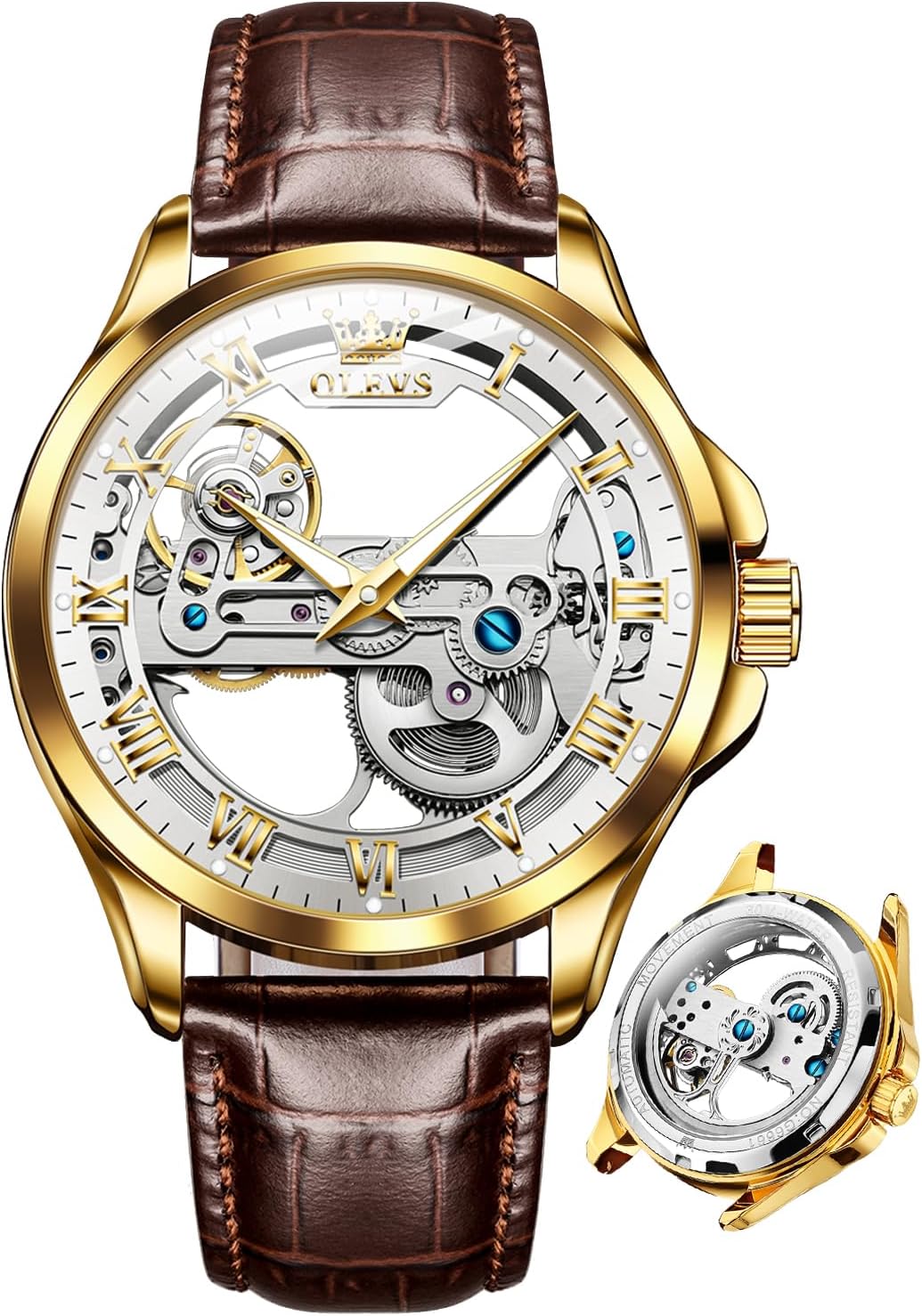 OLEVS Skeleton Watches for Men Automatic Self Winding Mechanical Luxury Dress Leather Waterproof Luminous Men Wrist Watch