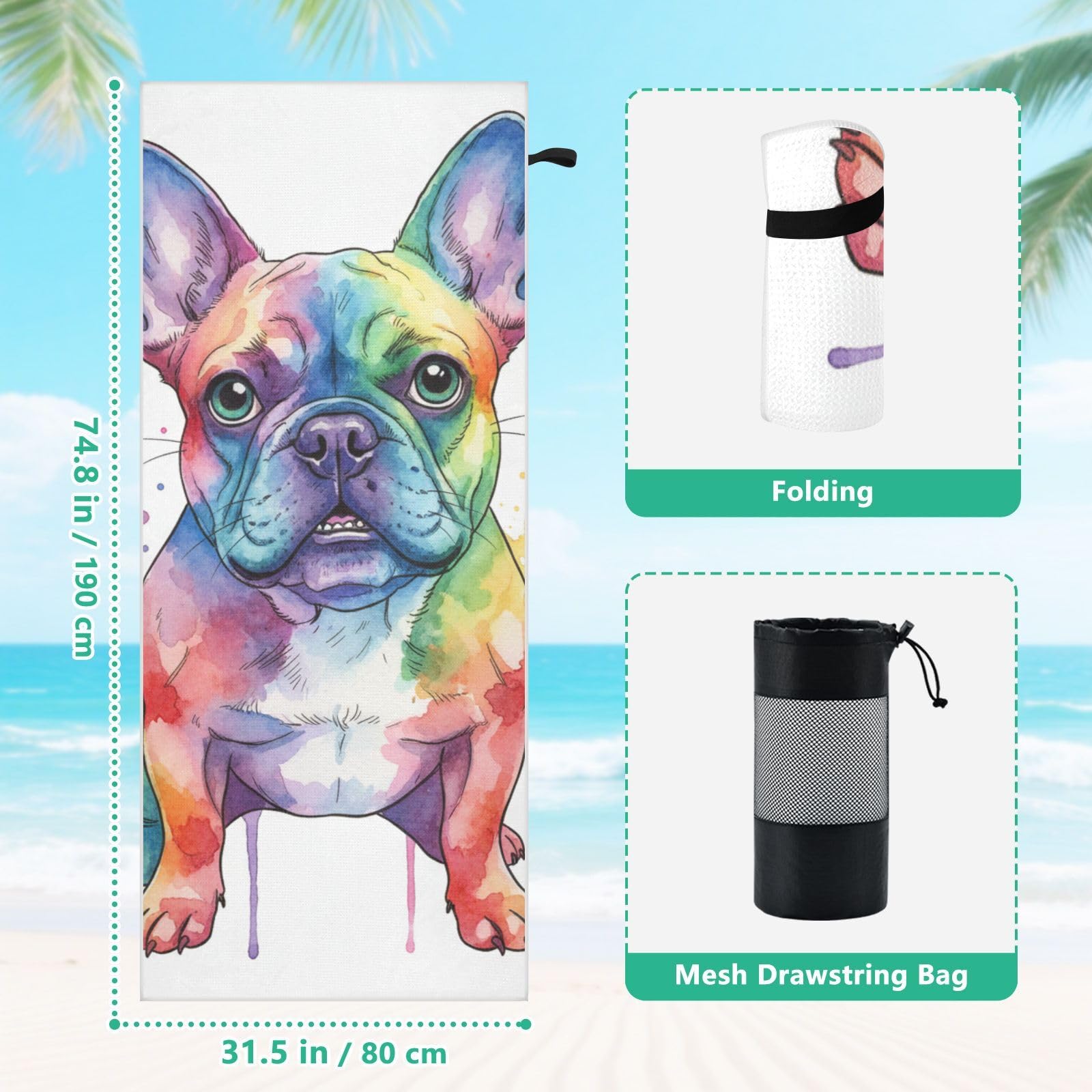 Grandes serviettes de plage avec sacs en maille pour adultes, jolie serviette de bain aquarelle avec fermeture magnétique, anti-sable, absorbante à séchage rapide pour piscine, camping et voyage