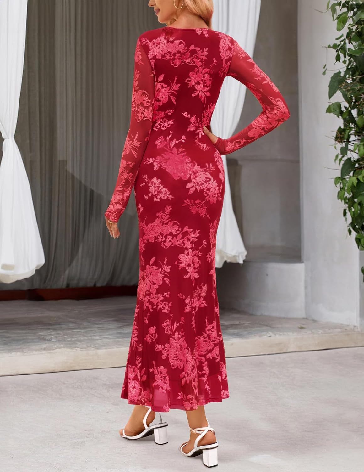 MEROKEETY Women's 2026 Spring Wedding Guest Maxi Dress Long Sleeve Bodycon Floral Mesh Fall Cocktail Formal Party Dresses - Image 3