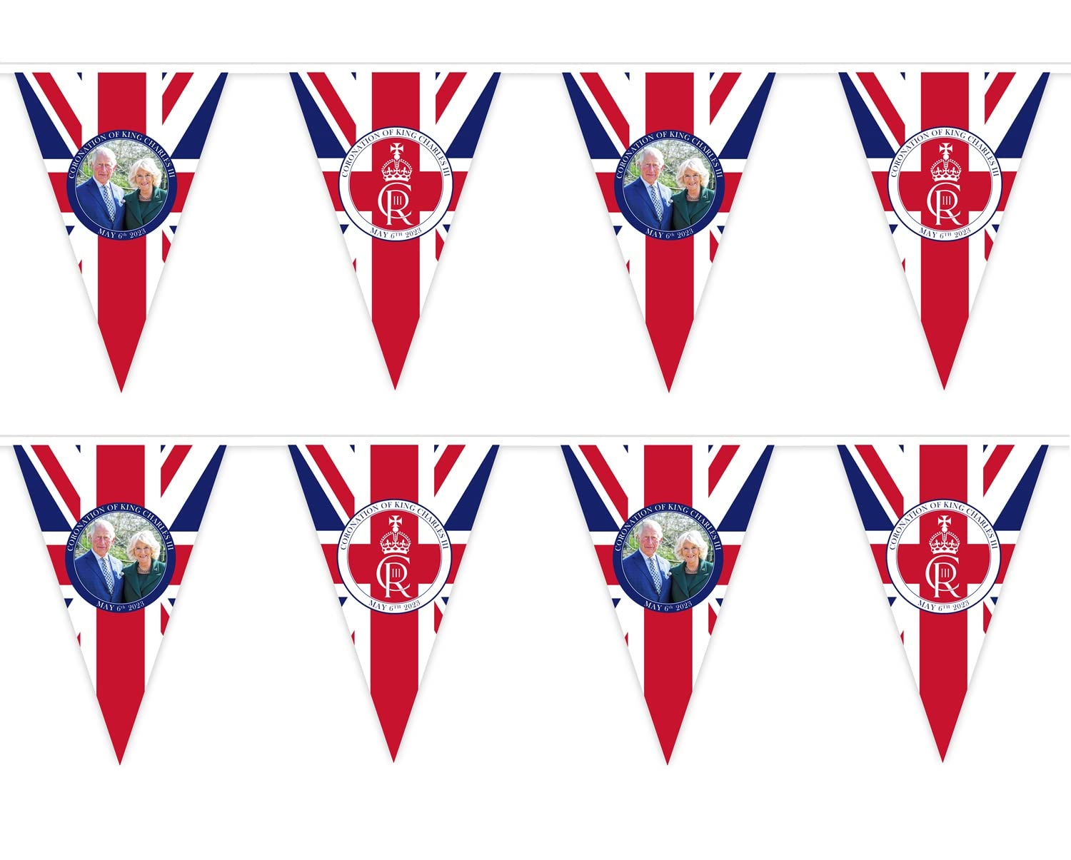 20m/66ft Bunting King Charles III with Queen Consort Portrait 48 Triangle Union Jack Flags King's Coronation Celebration Banner Royal Family UK British Street Party Decoration