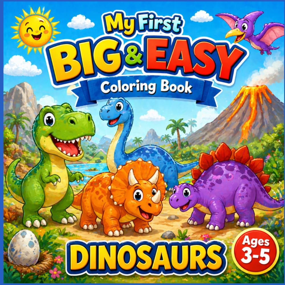 My First Big & Easy Coloring Book: Dinosaurs for Toddlers Ages 3–5: Bold and Simple Designs for Beginners, 66 Fun Pages, Cute Baby Dinosaurs, Easy ... Ages 3–5, Bonus Color Test Page, No Bleed
