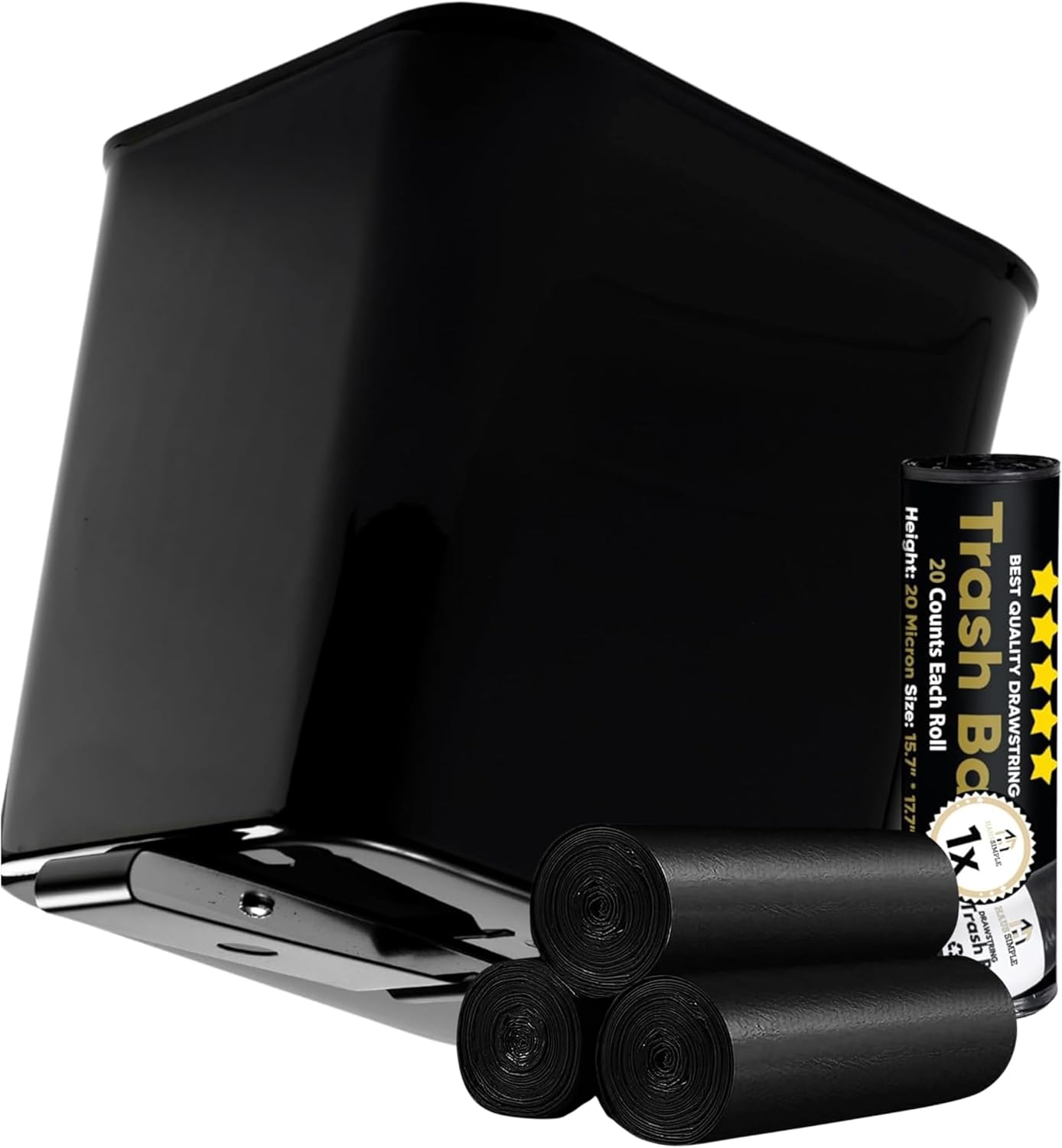 Black Car Trash Can Plus Trash Bag Bundle – Waterproof, w/Floor Mat Clip, Leakproof Build, Portable – Includes 1 Roll Inside + 3 Extra Roll (80pcs Total) – Black, Large – for Cars, SUV, &