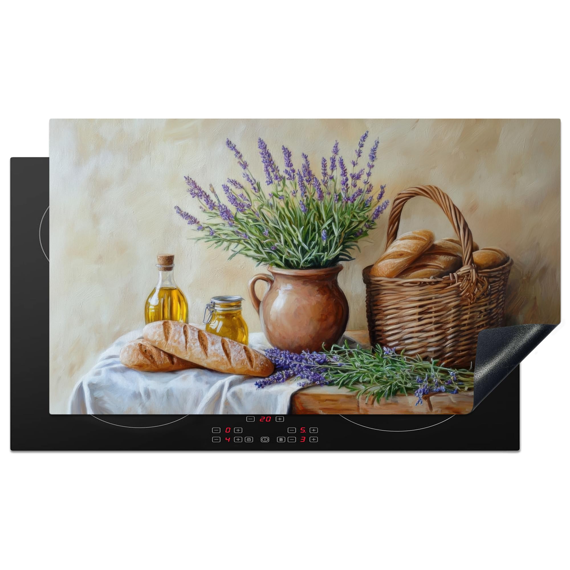 KitchenYeah© Induction Hob Protector Mat 20.5"x35.4" / 90x52 cm Stove Cap Top Cover Kitchen Cooker Covers for Electric Hobs Vinyl Lavender - Bread - Still Life