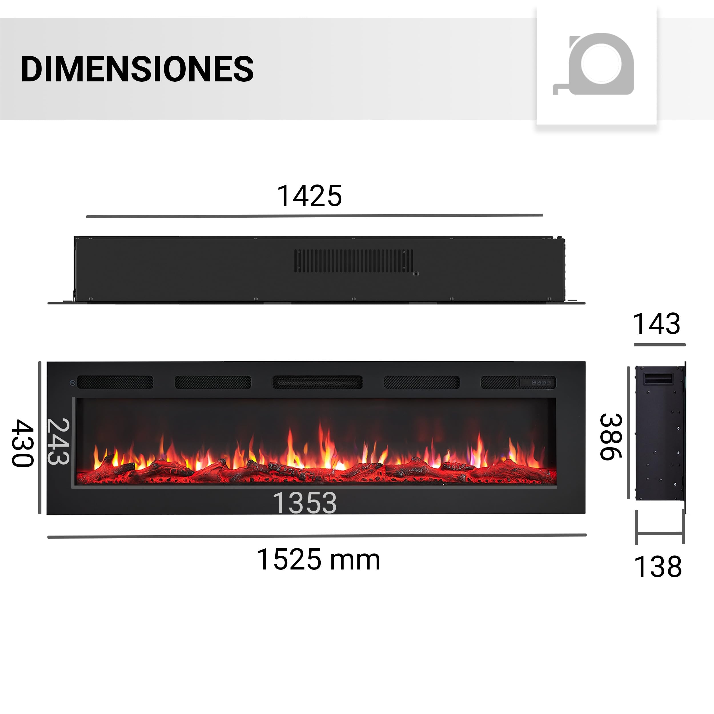 BALDERIA Leif 60 - Chimenea eléctrica empotrable, de Pared o de pie con LED