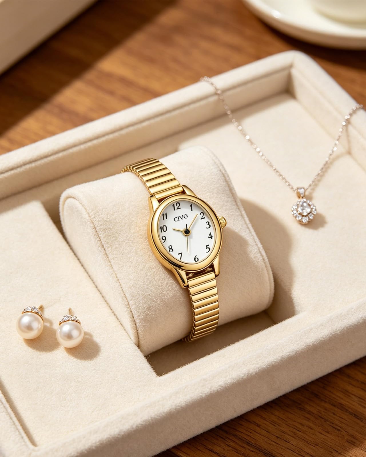 CIVO Montre Femme Dorée Petite Ovale Acier Inoxydable Élastique Argent Analogique Étanche