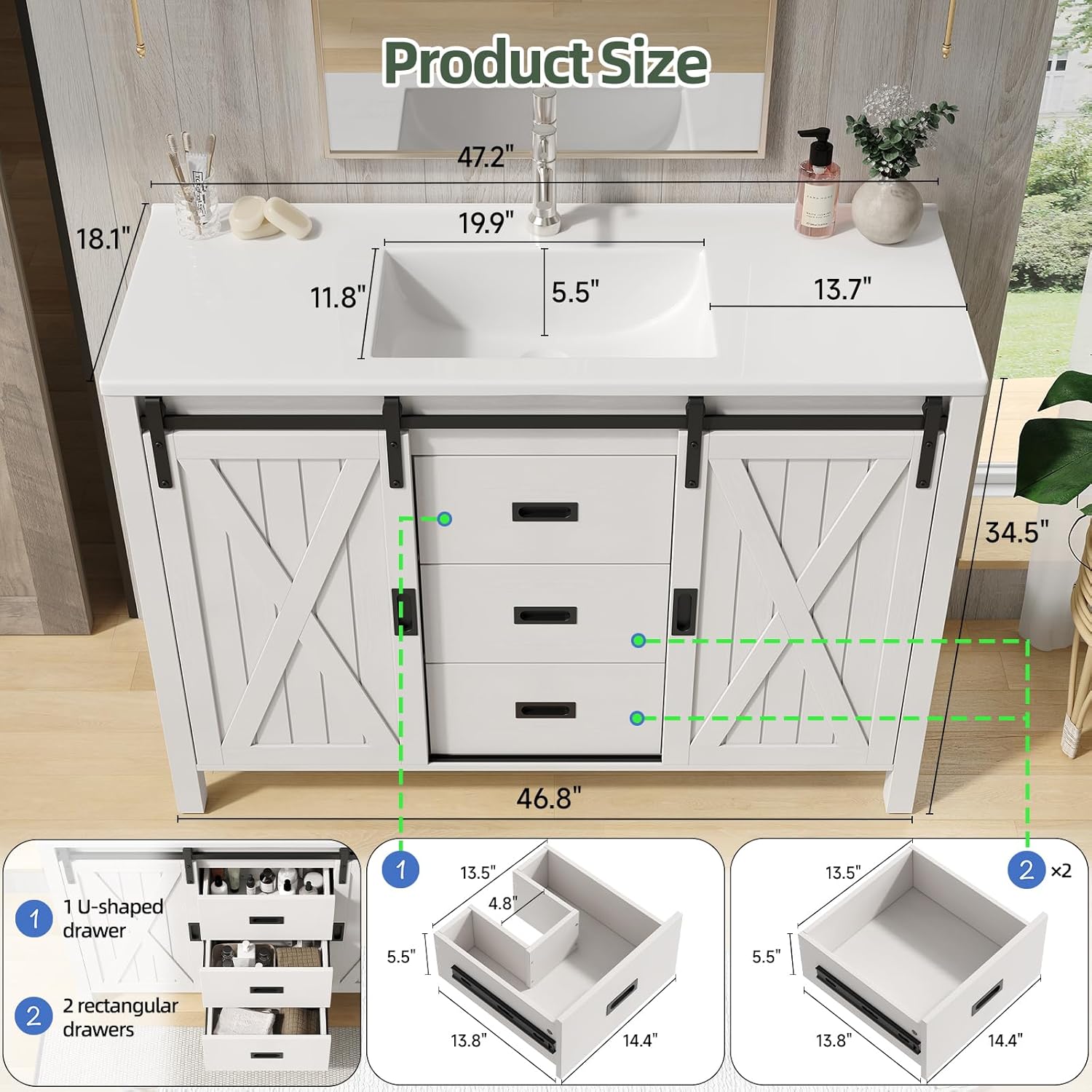 ONBRILL 47.2 Inch Bathroom Vanity with Sink Combo, Farmhouse Sliding Barn Door Bathroom Vanity Cabinet, Freestanding Single Sink Cabinet w/Resin Basin, 3 Storage Drawers & Adjustable Shelves (White)
