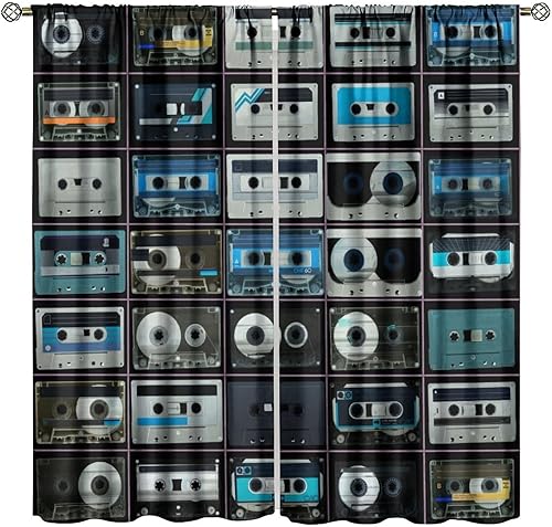 Vintage Radios Decor Window Curtain Retro Music Tape Printed Decor Curtain Cassette Music Playback Record for Home Kitchen Livingroom Coffee Room