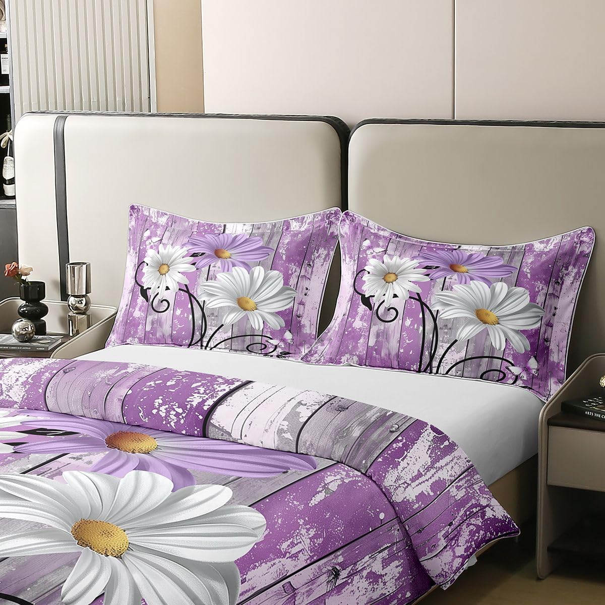 Homewish Zestaw pościeli na łóżko podwójne, fioletowe stokrotki, z 2 poszewkami na poduszki, rustykalny kwiat, bawełna, poszewka na kołdrę, dom wiejski, polny kwiat, zestawy pościeli z kwiatami i