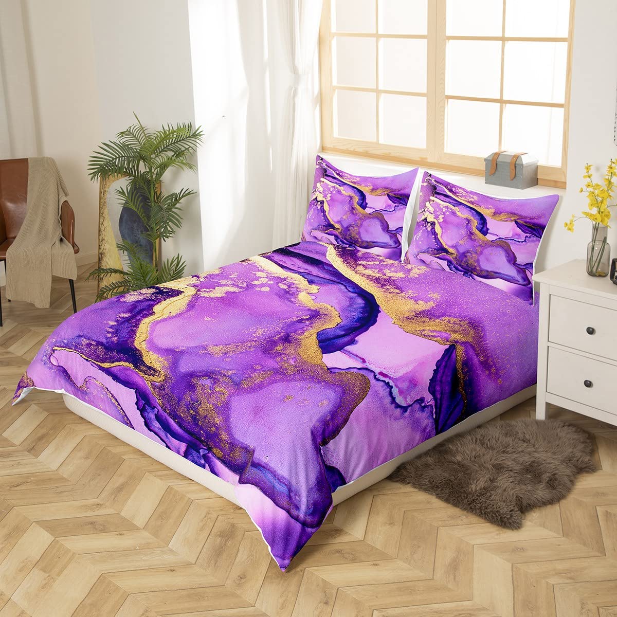 Marble Duvet Cover Set Double Size, Purple and Shiny Golden Marbling Comforter Cover with 2 Pillowcases - Image 2