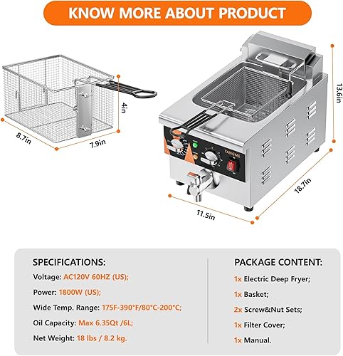 Miniatura 6 de TANGME Freidora comercial profunda con válvula de drenaje, freidora eléctrica de sobremesa de acero inoxidable de 10.5Qt con control de temperatura