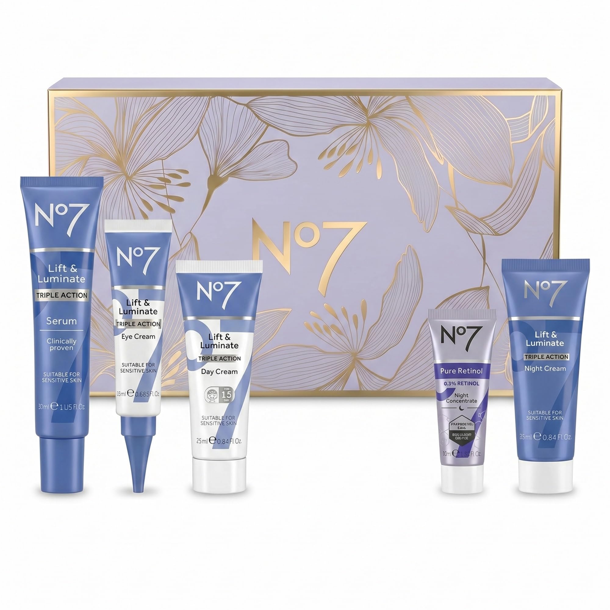 No7 Lift & Luminate Anti-Aging Geschenkset - Hautpflege, 5-teilig | Gesichtsserum 30 ml, Tagescreme 25 ml, Nachtcreme 25 ml, Augencreme 15 ml, Retinol 10 ml, wirkt gegen Falten