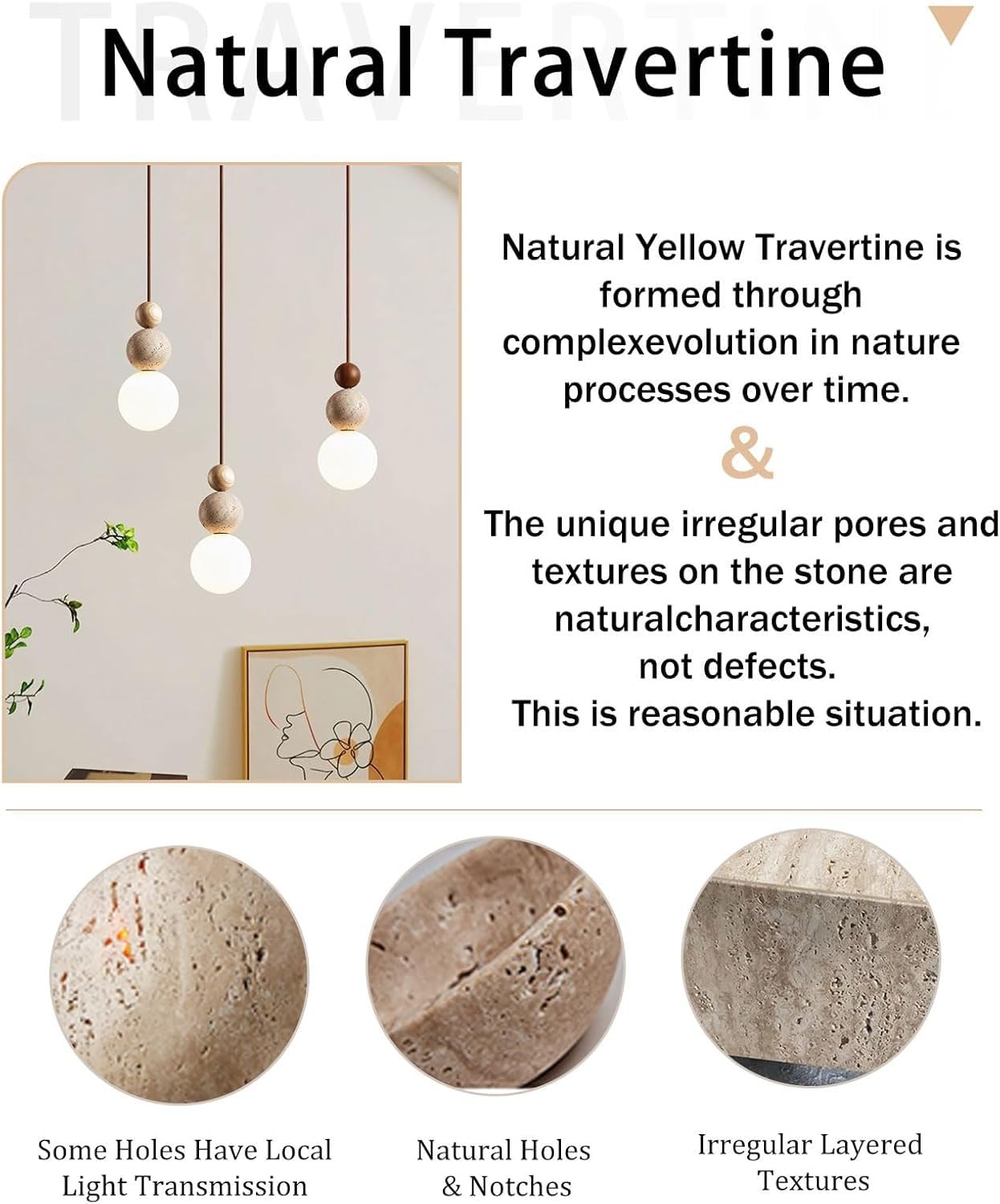 Wabi-Sabi-Pendelleuchte,Hängelampe Aus Gelbem Travertin Mit Lampenschirm Aus Naturstein,Hängeleuchte Im Nordischen Holzstil Für Schlafzimmer-Nachttischlampe Esstisch Kücheninsel Flur(T/12*27CM)